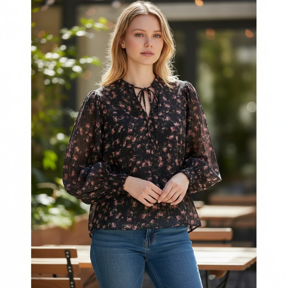 Alice + Olivia Fleur Frills Silk Cotton Floral Blouse Black Pink CC508P13048 S